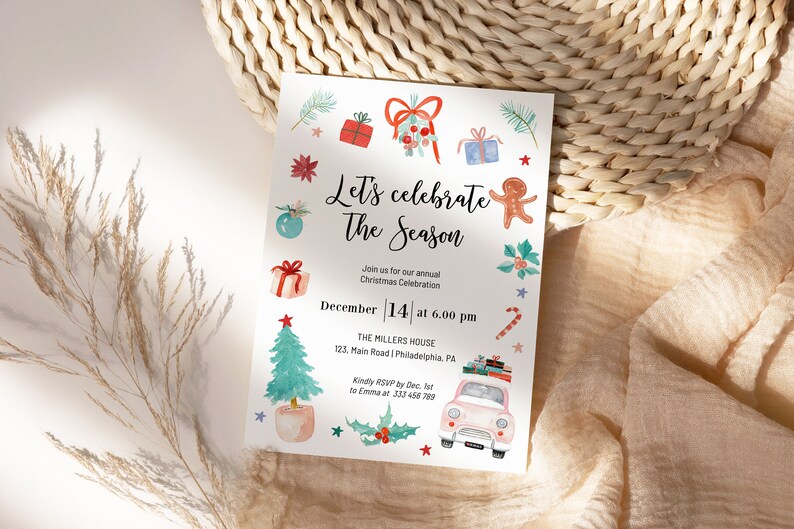May include: A white Christmas party invitation with watercolor illustrations of presents, a gingerbread man, a Christmas tree, a candy cane, and a vintage car. The text reads "Let's celebrate The Season" and includes the date, time, and location of the party.