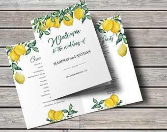 Lemon Wedding Program template foldable, Wedding folding printable program instant download, ceremony program editabe text PDF file #LMM