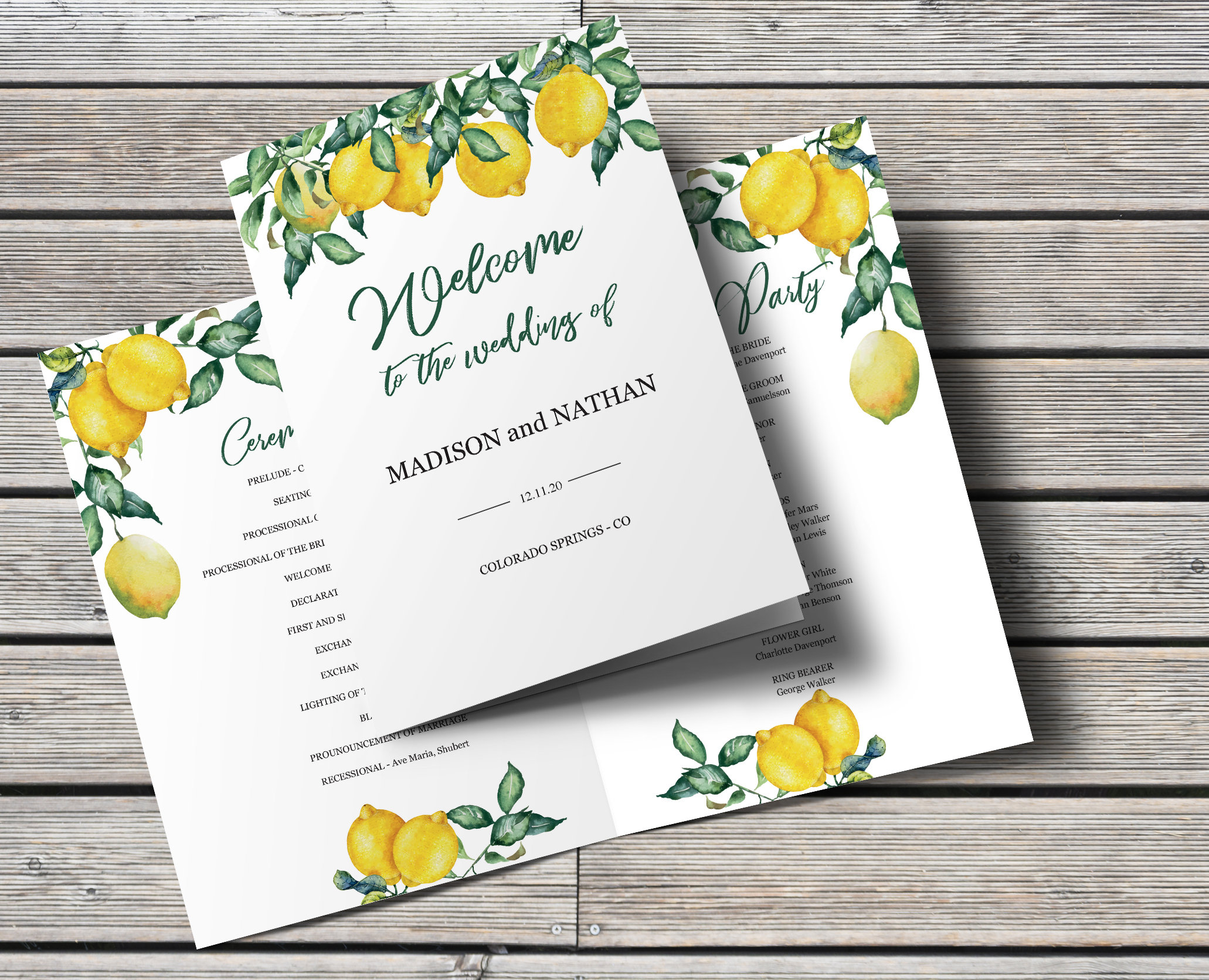 Lemon Wedding Program Template Foldable Wedding Folding Printable