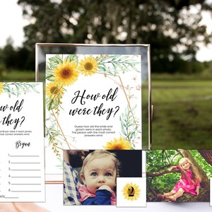 May include: A printable game for a wedding or bridal shower. The game is called "How old were they?" and asks guests to guess the ages of the bride and groom in photos. The game features a sunflower theme with watercolor illustrations.