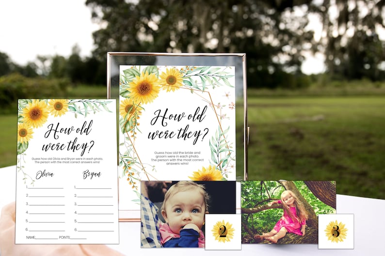May include: A printable game for a wedding or bridal shower. The game is called "How old were they?" and asks guests to guess the ages of the bride and groom in photos. The game features a sunflower theme with watercolor illustrations.