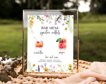 Wildlfower Bar Menu Template, Printable Signature Cocktail Sign, Editable Signature Drinks, His and Hers Drink Bar, Drinks Sign, Boho floral