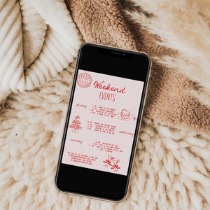 Pode incluir: Um smartphone exibindo uma programa&ccedil;&atilde;o de eventos de fim de semana com fundo rosa e texto vermelho. A programa&ccedil;&atilde;o inclui eventos para sexta-feira, s&aacute;bado e domingo. Os eventos incluem uma mistura de encontros sociais, atividades e refei&ccedil;&otilde;es.