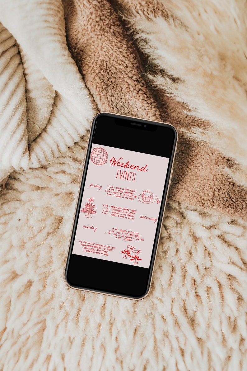 Pode incluir: Um smartphone exibindo uma programa&ccedil;&atilde;o de eventos de fim de semana com fundo rosa e texto vermelho. A programa&ccedil;&atilde;o inclui eventos para sexta-feira, s&aacute;bado e domingo. Os eventos incluem uma mistura de encontros sociais, atividades e refei&ccedil;&otilde;es.