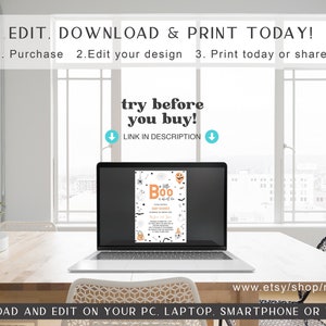May include: A laptop computer displaying a printable Halloween invitation with the text "A little Boo is on the way!" and a cute cartoon ghost. The invitation is available for download and editing on a computer, laptop, smartphone, or tablet. The text "try before you buy!" is displayed above the laptop.