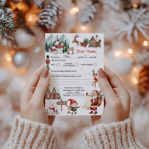 May include: A Christmas-themed letter to Santa Claus, held by a person. The letter features illustrations of Santa, reindeer, and winter scenes. Text includes "Dear Santa," and fill-in-the-blank sections for the child's name, age, and wishes.