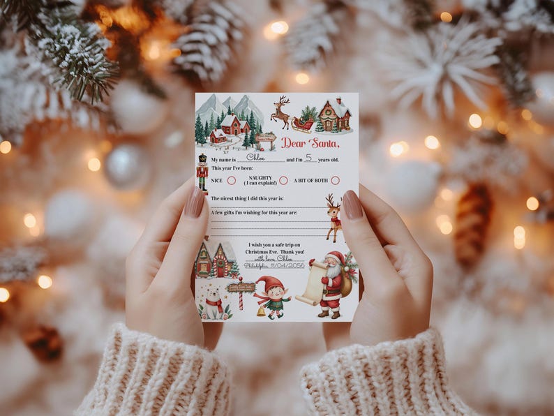 May include: A Christmas-themed letter to Santa Claus, held by a person. The letter features illustrations of Santa, reindeer, and winter scenes. Text includes "Dear Santa," and fill-in-the-blank sections for the child's name, age, and wishes.