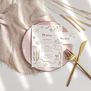 Thanksgiving Menu and place card, Fall Dinner party templates, Whimsical Pumpkin Pie Turkey Wine, Scribble Invite, hand drawn Coquette AA092
