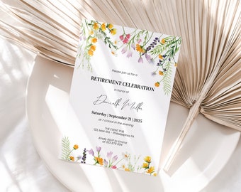 Retirement Invitation editable template, wildflower retirement party invitation for her, boho wildflower retirement edit with corjl