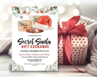 Invito digitale par festa di Natale con scambio di regali, da stampare, Babbo Natale segreto,  PDF