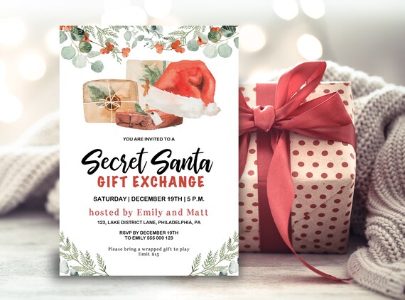 Secret Santa Invitation Printable, Gift Exchange Holiday invite template, Santa hat festive instant download digital PDF