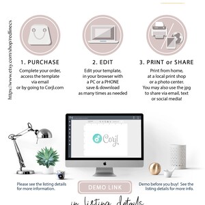 May include: A graphic showing how to purchase, edit, and print or share a digital template. The graphic features a shopping bag, a laptop, and a printer. The text "DESIGN by REDLINE" is at the top of the graphic. The text "in listing details" is at the bottom of the graphic.