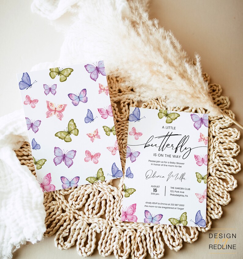 Boho Butterfly Baby Shower Invitation Set Template, Neutral Colorful ...
