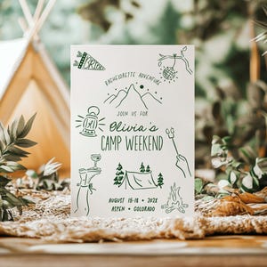 Addio al nubilato invito weekend con programma, campeggio illustrato a mano, campeggio tra amiche, template modificabile aa121