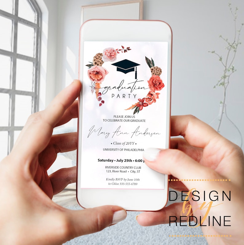 Graduation Party invitation digital, Electronic Grad Party invite, trendy boho Floral wreath evite, editable corjl template image 1