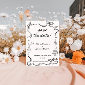 Summer Wedding Save The Date Invitation Template, Scribble Illustration Cute Handwritten Wedding Save Our Date Card, flowers, AA099