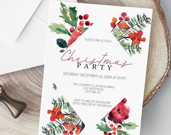 Elegante invitación navideña imprimible, plantilla de invitación a fiesta navideña con frutos rojos y ramas de pino verde, descarga INSTANTÁNEA en PDF