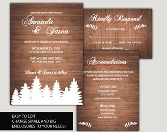 Rustic Wedding Invitation Suite printable, woodland wedding stationery, trees on wood template card, Instant Download WORD editable text