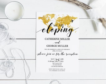 Travel theme Elopement Invitation printable, Casual Wedding Reception template card, Gold World Map, Instant download PDF #WLD