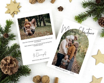 Photo Christmas Card Template, Minimalist Christmas Card, Boho Arch Photo Holiday Card, 2 photos personalized card