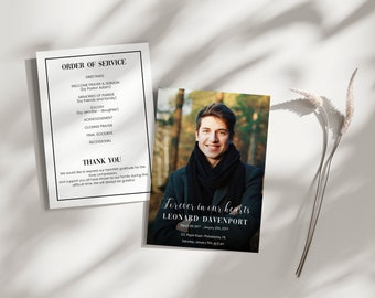 Funeral Memorial Photo Order Of Service Program template, celebration of life for man, for woman, black and white, editable template
