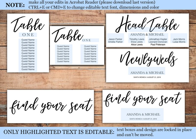 Hochzeit Sitz Diagrammvorlage, druckbare a4 Karten, Kalligraphie elegante Teableau de Mariage, Sitz Plan sofort-Download, PDF-Datei Bild 4