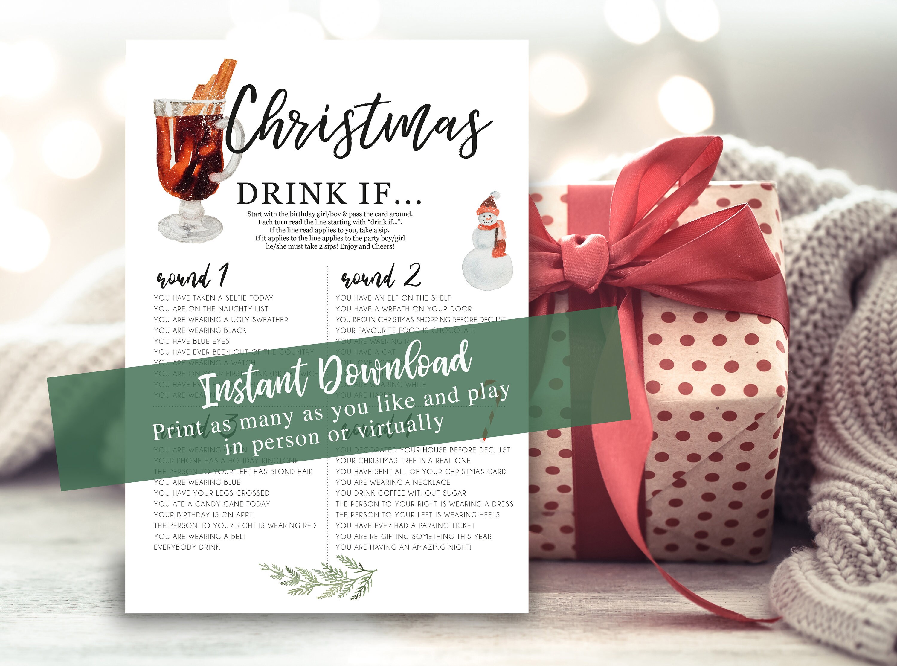 Drink if Christmas game printable, Christmas Drink if card