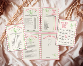 May include: A set of printable bridal shower games with pink and green stripes. The games include "Over or Under", "Bride or Groom", "Would She Rather", "Party Minds", "Guess the Dress", and "Find the Guest Bingo".