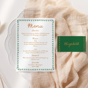 Menu & Name Card Template, editable handwritten menu and place cards, quirky whimsical hand drawn scribble border, edit with Corjl AA052