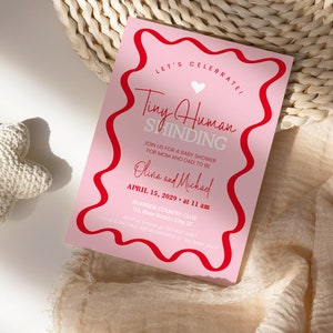 Invito Baby Shower rosa e rosso, cornice a onde, da editare e stampare, AA06