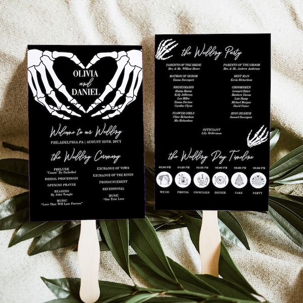 Gothic Wedding Program Fan Template, Editable with Day Timeline and Ceremony Program, Skeleton hands halloween printable AA015