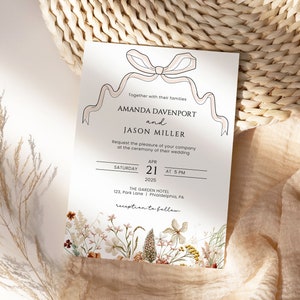 Wild bloom floral Wedding invitation set template download, Elegant Wedding Invitation Suite, hand drawn bow, instant download Corjl AA048 image 3