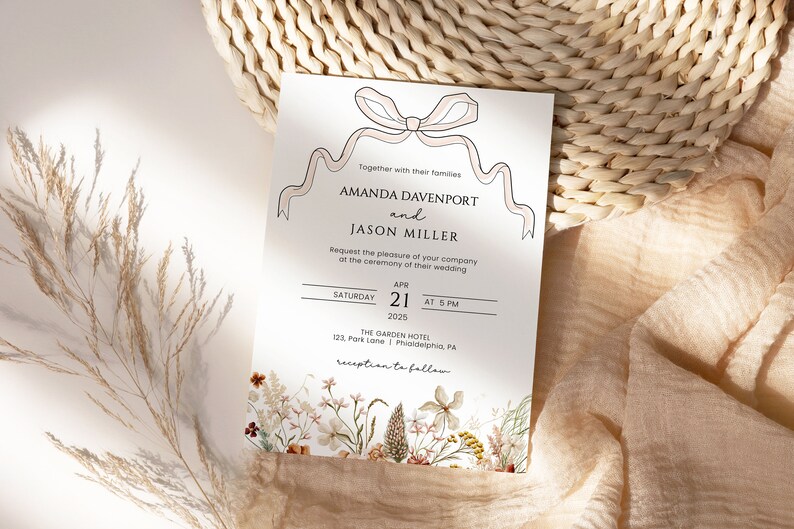 Wild bloom floral Wedding invitation set template download, Elegant Wedding Invitation Suite, hand drawn bow, instant download Corjl AA048 image 3