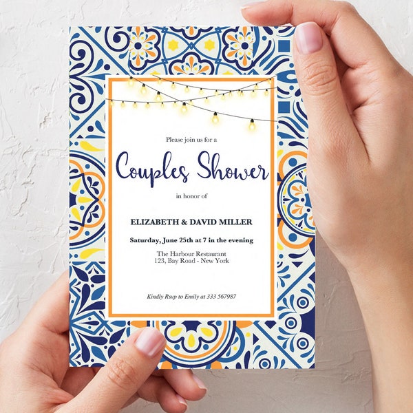 Mediterranean tiles couples shower invitation template, string lights coloured tiles couple shower invite, summer night editable PDF