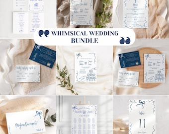 Whimsical wedding templates BUNDLE, handwritten, hand illustration, quirky bow, champagne tower, invitation suite, save the date AA045