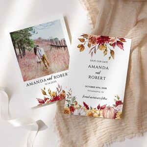 Save the Date nozze con bellissimi fiori autunnali, Annuncio matrimonio stile boho con fiori e zucche, template da stampare AA027