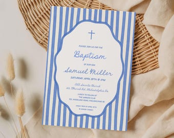 Baptism Invitation, Classic Blue stripes  with fancy wavy frame, Christening invite printable AA129