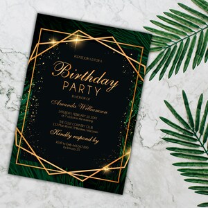 Verjaardagsfeestje sjabloonkaart, Jungle afdrukbare verjaardagsuitnodiging met gouden geometrisch frame en tropische bladeren, Instant Download #JJJ
