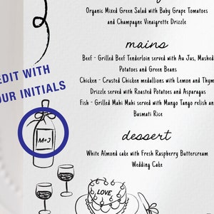 May include: A wedding menu with a black and white design. The menu includes a salad, main courses, and dessert. The menu also includes a space to edit with initials and a bottle of wine with a label that says "M+J".