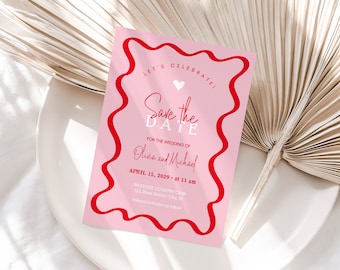 Retro Save The Date Template, 70s pink and red wavy wedding announcement, editable colors AA06