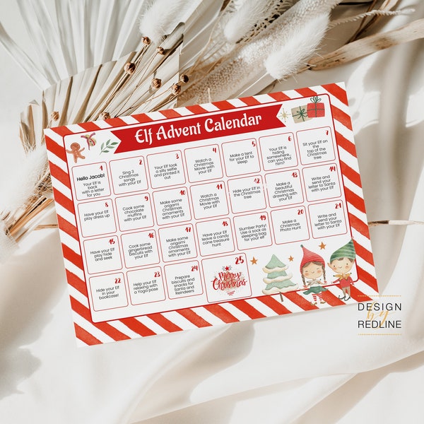 Editable Elf Advent Calendar, Elf Kit 24 activities Christmas Countdown, Elf Activities for kids, printable