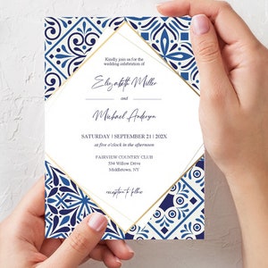 Blue tiles Wedding invitation template, blue and gold elegant wedding invite printable