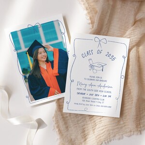 whimsical funky design, retro and trendy. Graduation announcement and party invitation.