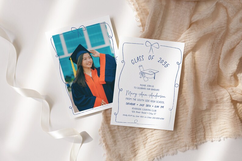 whimsical funky design, retro and trendy. Graduation announcement and party invitation.