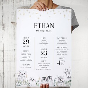 Op de afbeelding: Een witte en gouden baby mijlpaalposter met de naam Ethan en details over zijn eerste jaar, inclusief zijn lengte, gewicht, eerste keer, favoriete eten en liedjes. De poster heeft een bosdierenthema met illustraties van een ijsbeer, pingu&iuml;n, wolf en hert.