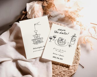 Hand drawn Save The Date Invitation Template, Scribble Illustration Cute Handwritten Wedding Save Our Date Card, heart shape cake, AA059