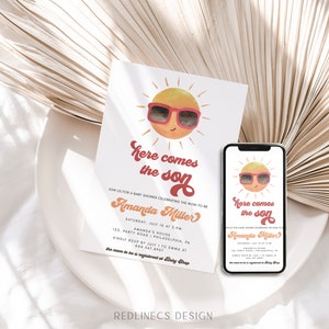 Invito Baby Shower con sole acquerello stile boho anni 70, template da editare e stampare bt01