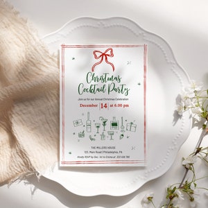 Invito Festa di Natale in stile retro, stile a mano libera, verde e rosso, colori editabili