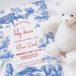 Invito Baby Shower  con animali jungla e savana stile Toile De Jouy, template da stampare AA100