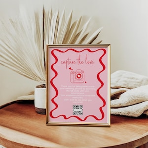 Cartello con QR code per fotografie matrimonio o festa, editabile da stampare